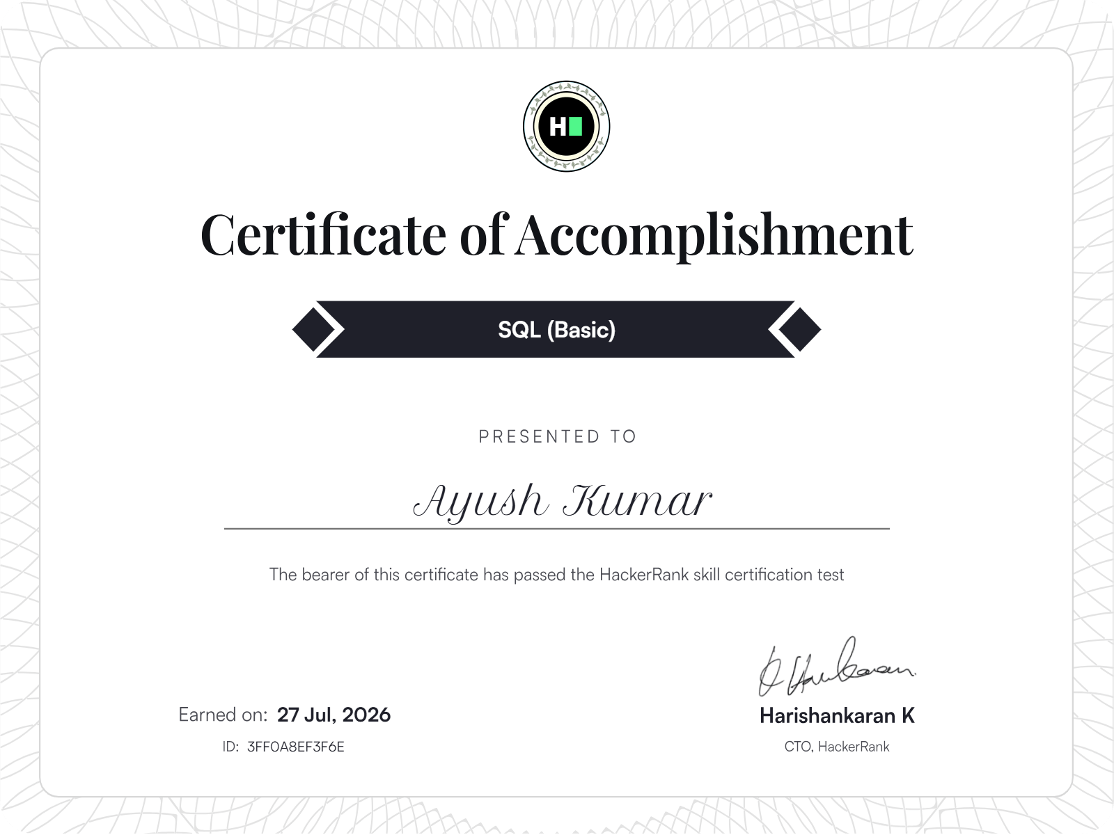 HackerRank SQL (Basic) Certificate